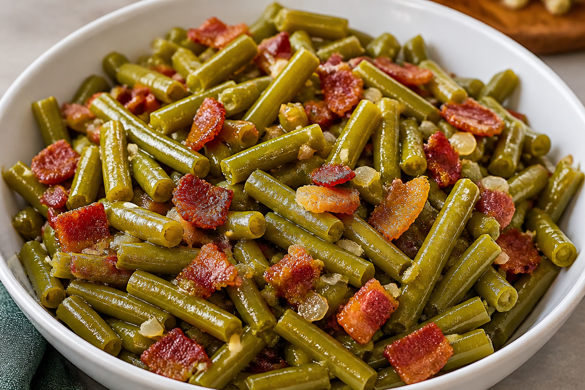 Savory Slow Cooker Green Beans with Bacon and Onions | Green Bean Recipes in Crockpot, Green Beans in the Crockpot, Crock Pot Green Beans