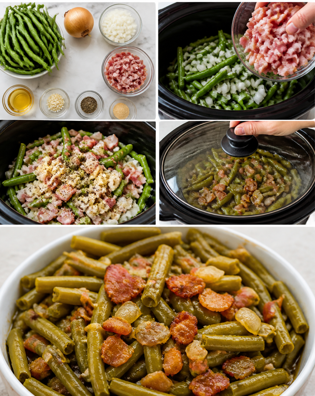 Savory Slow Cooker Green Beans with Bacon and Onions | Green Bean Recipes in Crockpot, Green Beans in the Crockpot, Crock Pot Green Beans