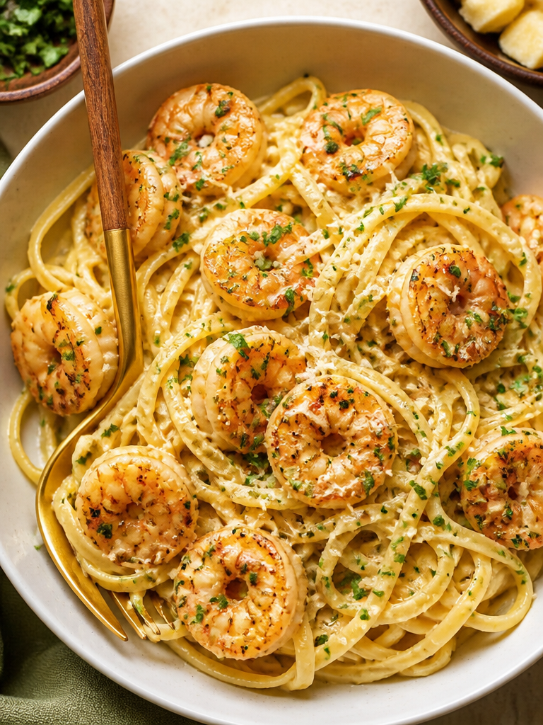 Pasta in garlic cream and shrimp