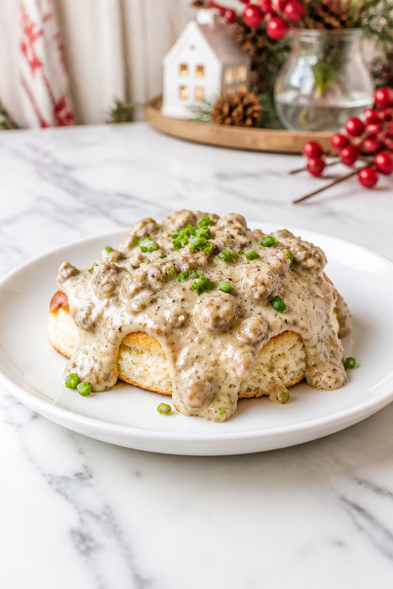 Christmas Morning Sausage Gravy Biscuit