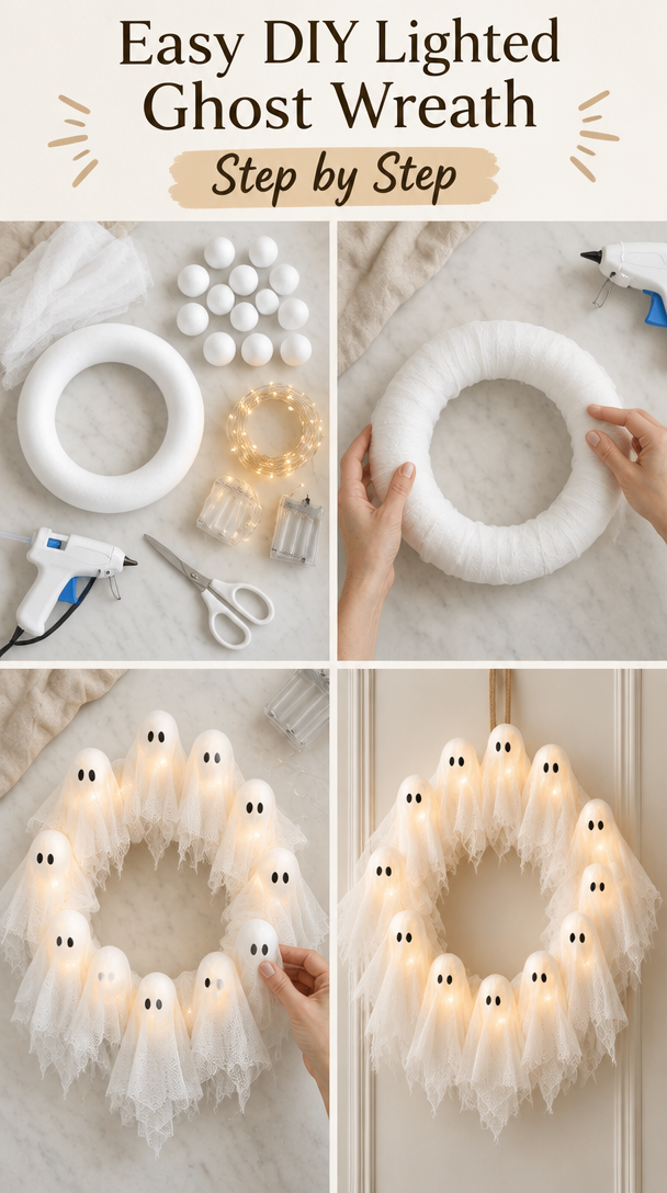 Easy DIY Lighted Ghost Wreath for Halloween | Pottery Barn Look