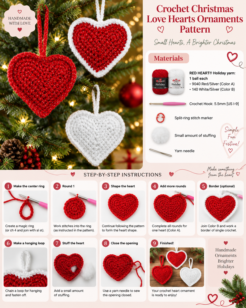 Crochet Christmas Love Heart Ornaments Pattern
