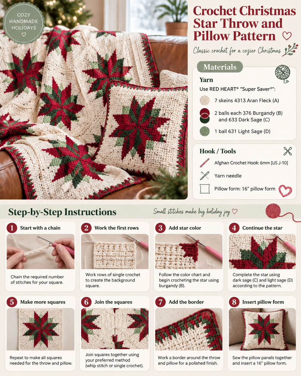 Holiday Star Crochet Throw and Pillow Pattern