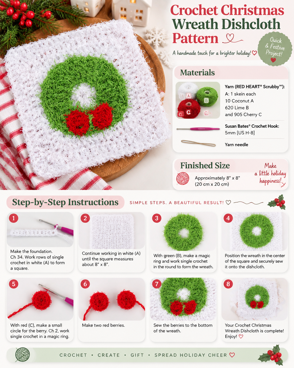 Festive Crochet Christmas Wreath Dishcloth Pattern