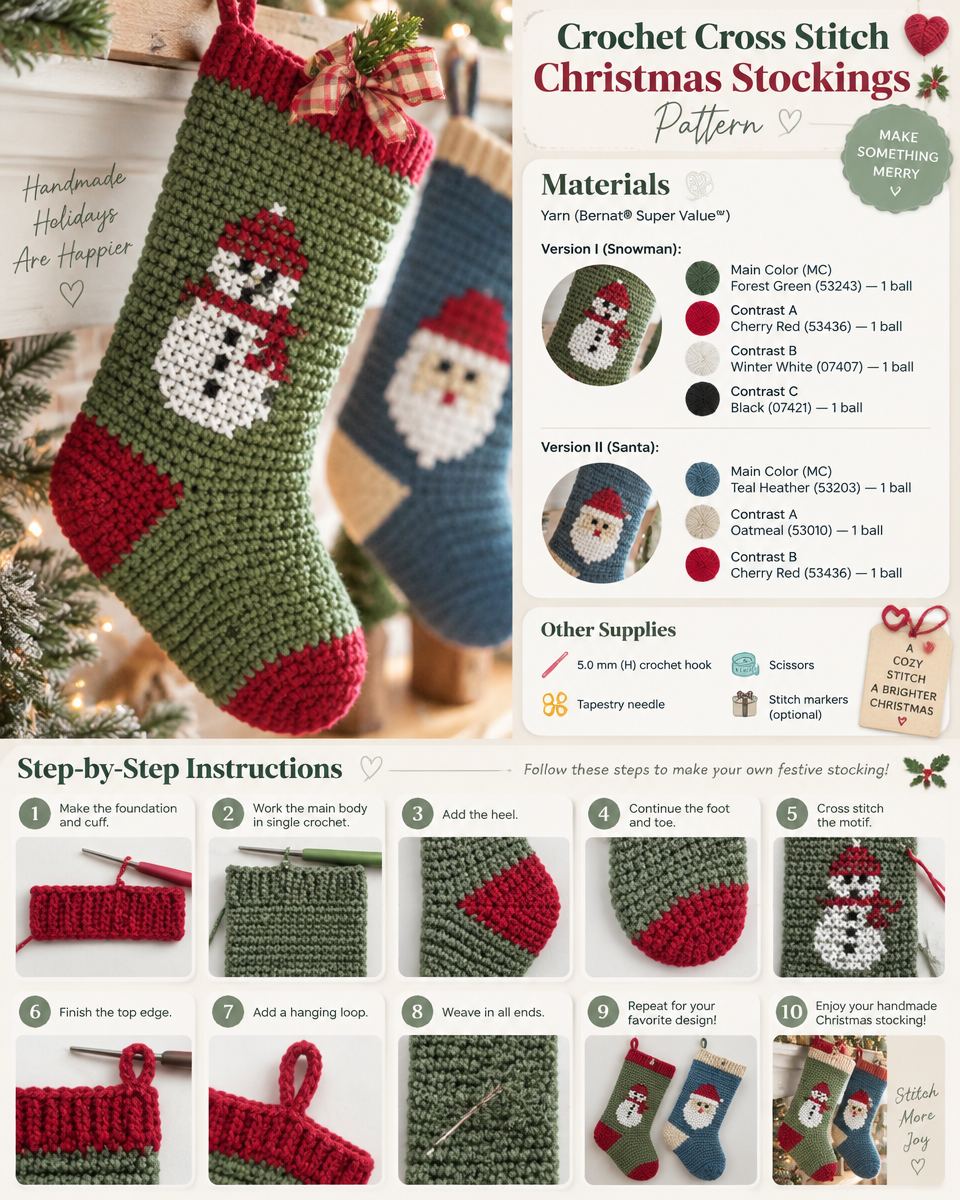 Cross-Stitch Crochet Christmas Stockings Pattern