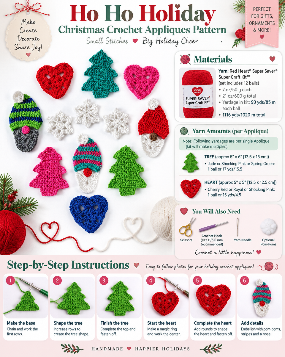 Ho Ho Holiday Christmas Crochet Applique Pattern