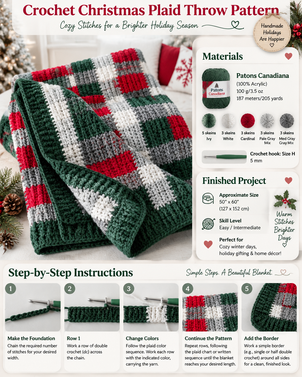 Festive Christmas Plaid Crochet Throw Pattern
