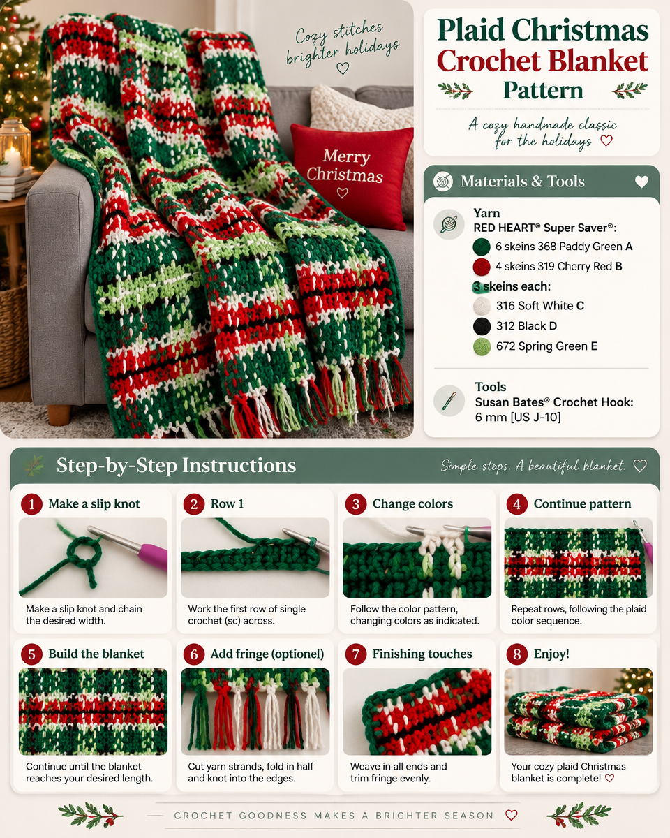 Festive Plaid Crochet Blanket Pattern for Christmas