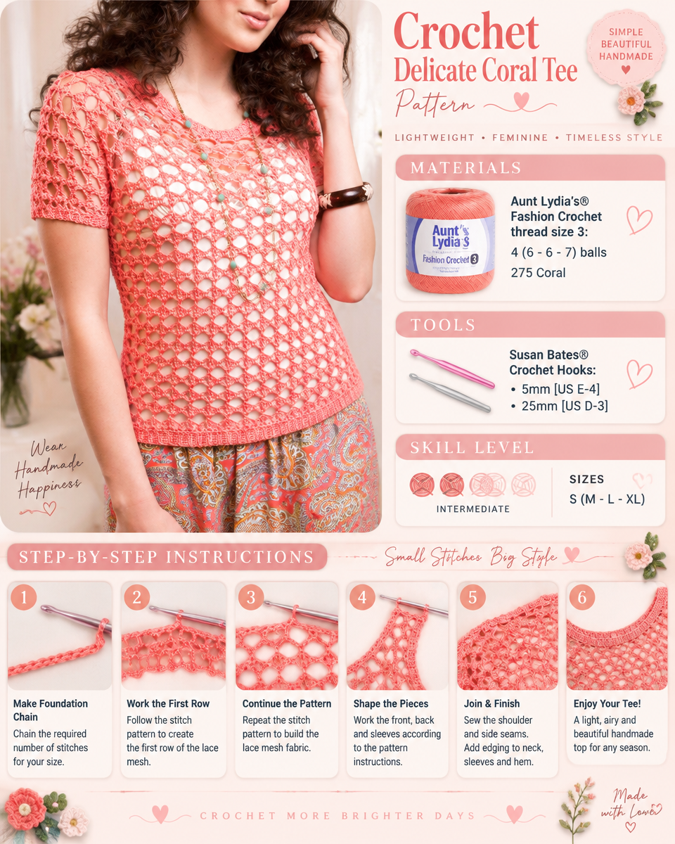 Delicate Coral Tee Crochet Pattern: A Simple Beginner-Friendly Summer Top