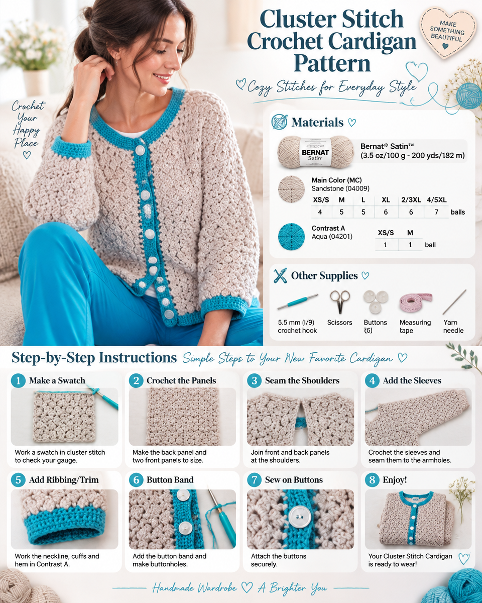 A Simple Cluster Stitch Crochet Cardigan Pattern for Beginners