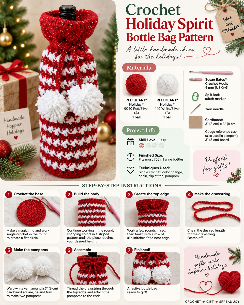 Crochet Holiday Spirit Bottle Bag Pattern: A Simple Festive Gift Wrap