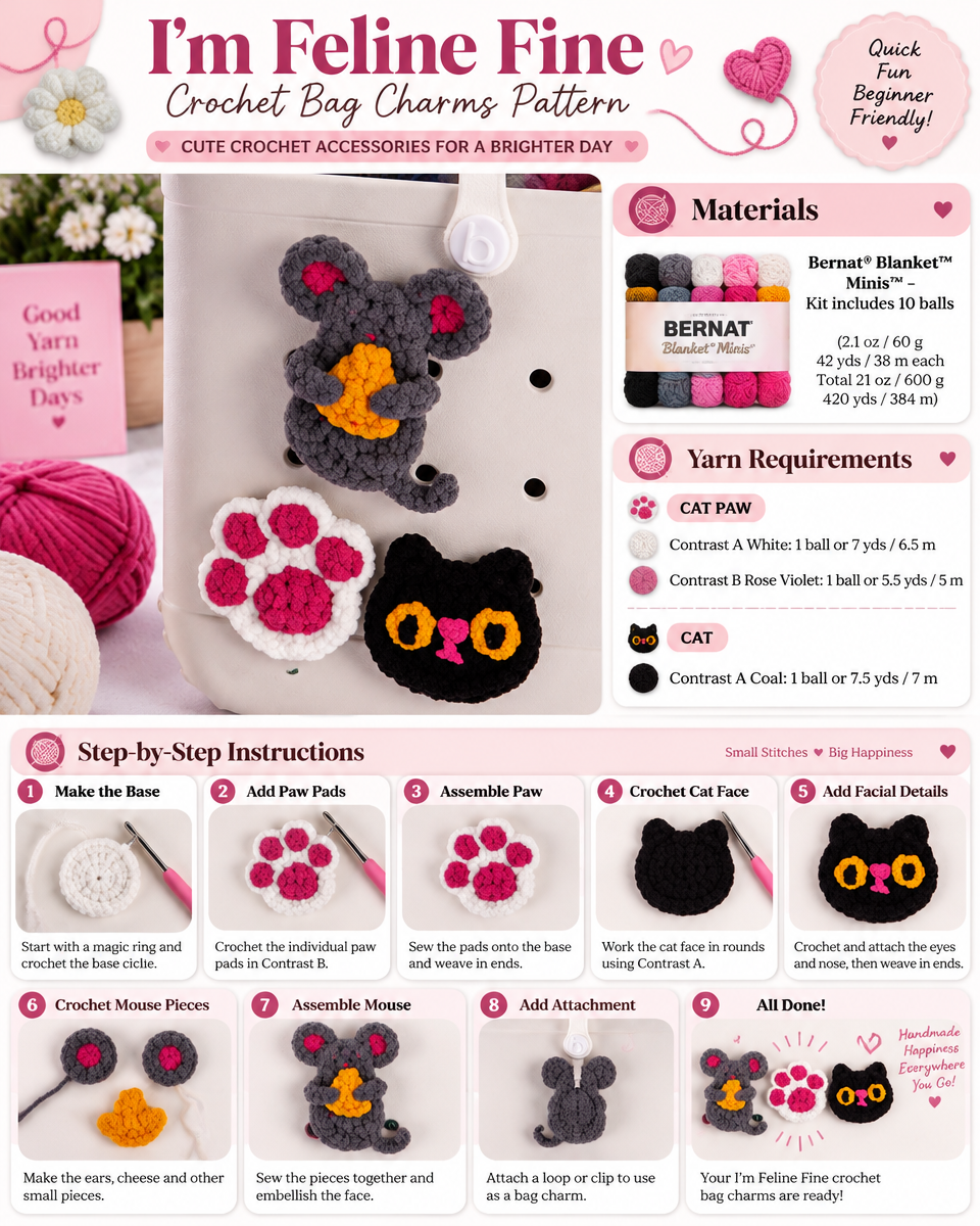 I'm Feline Fine Crochet Bag Charms Pattern