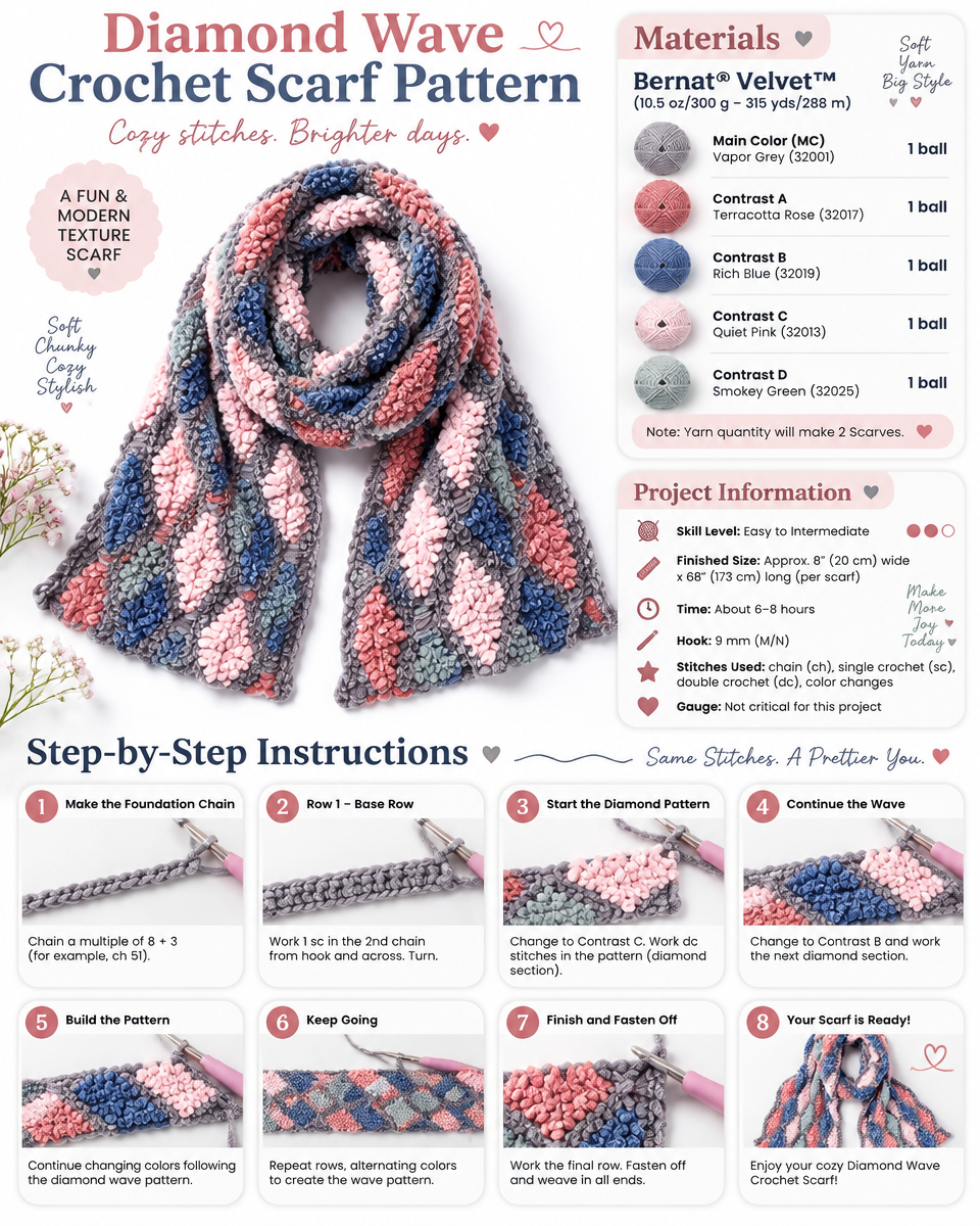 Diamond Wave Crochet Scarf Pattern Design