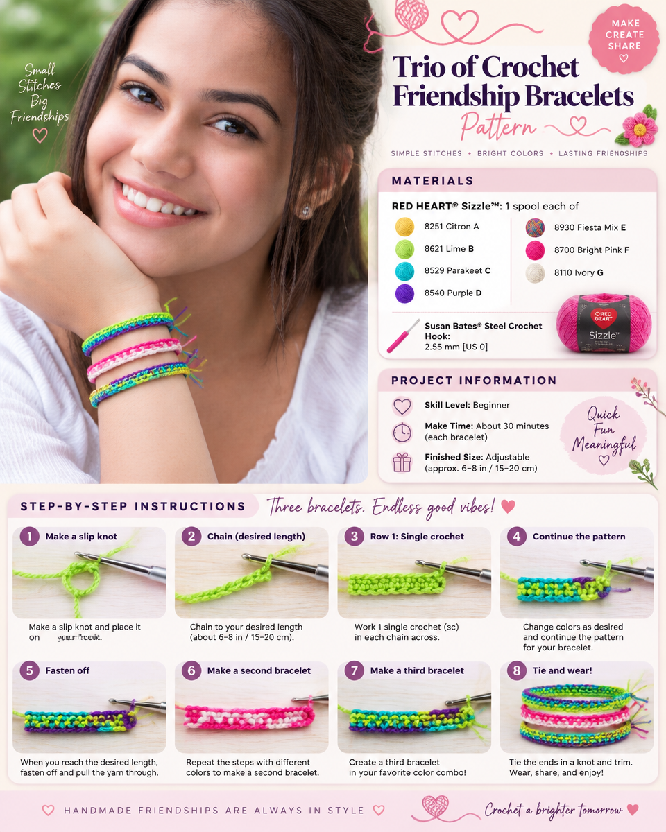 Three Crochet Friendship Bracelets Pattern