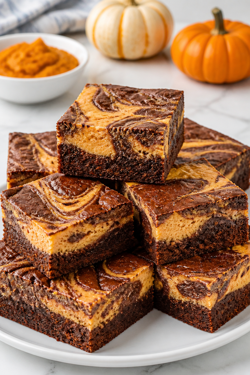 Swirled Pumpkin Cheesecake Brownie Squares