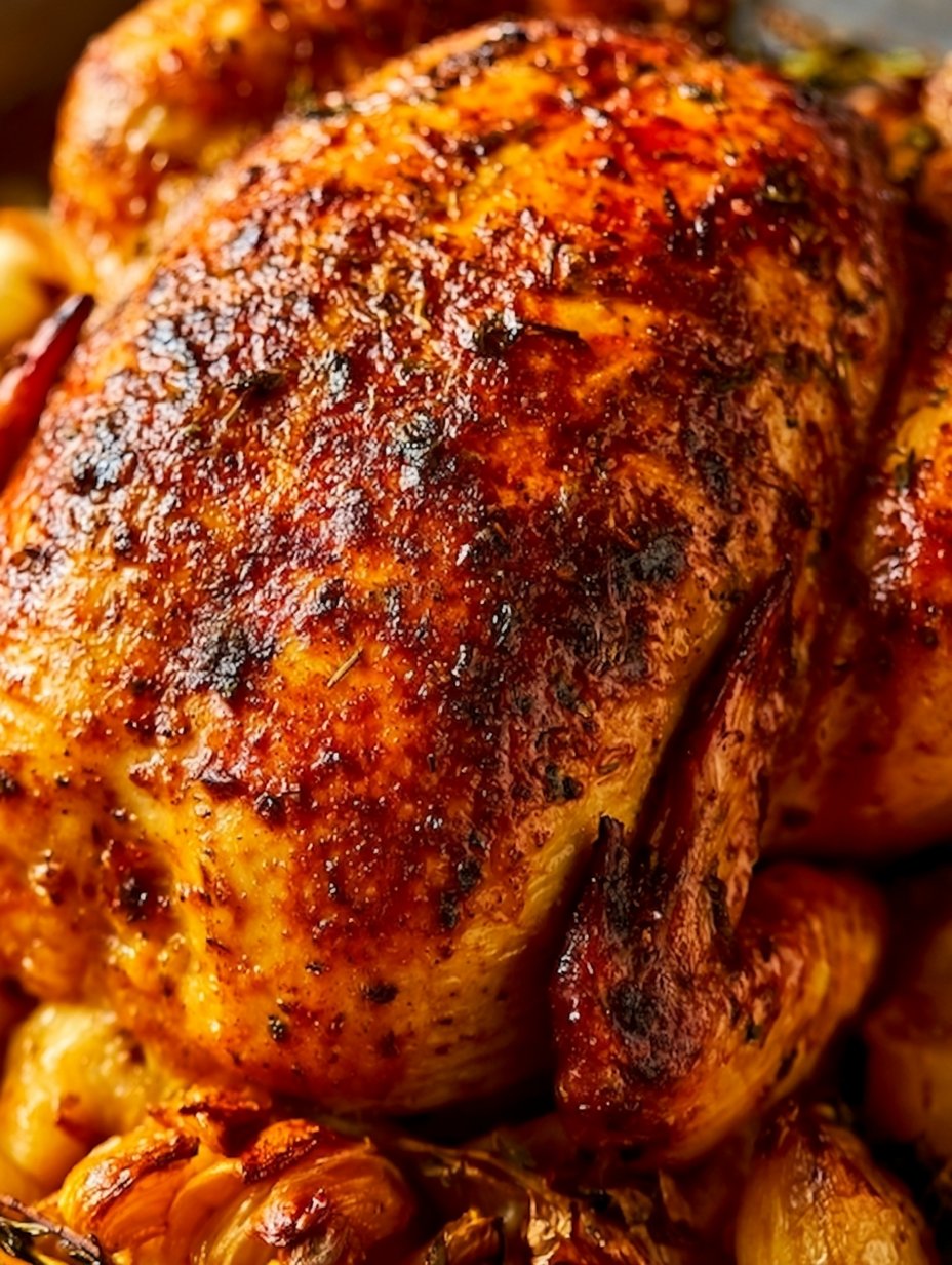Pollo entero ahumado lentamente con piel crujiente y carne tierna