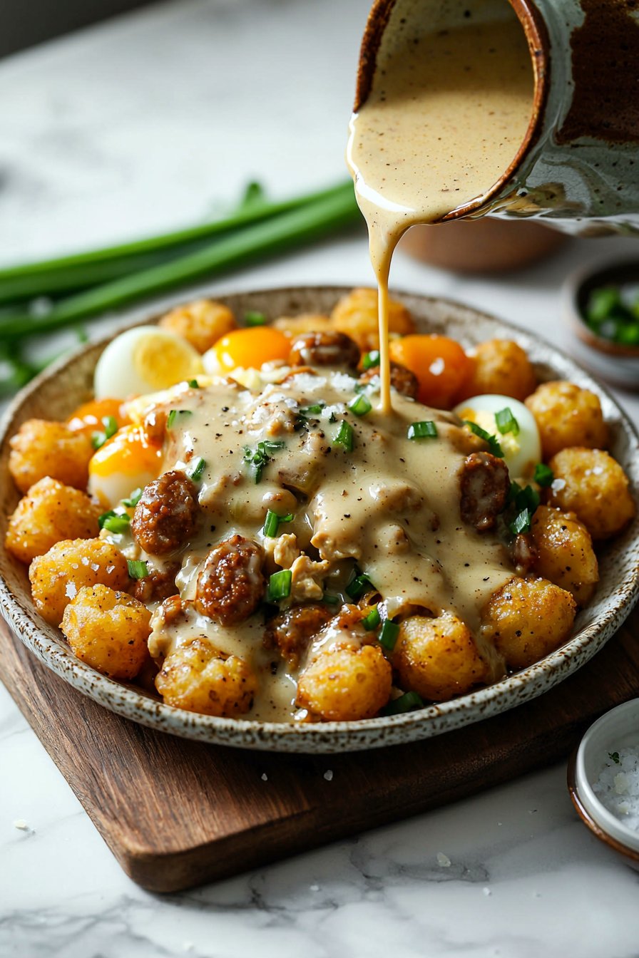 Tater Tot Breakfast Bowl with Chicken Sausage Gravy