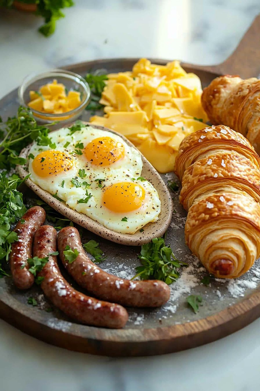 Frühstück mit Wurst, Eiern, Käse und Croissants