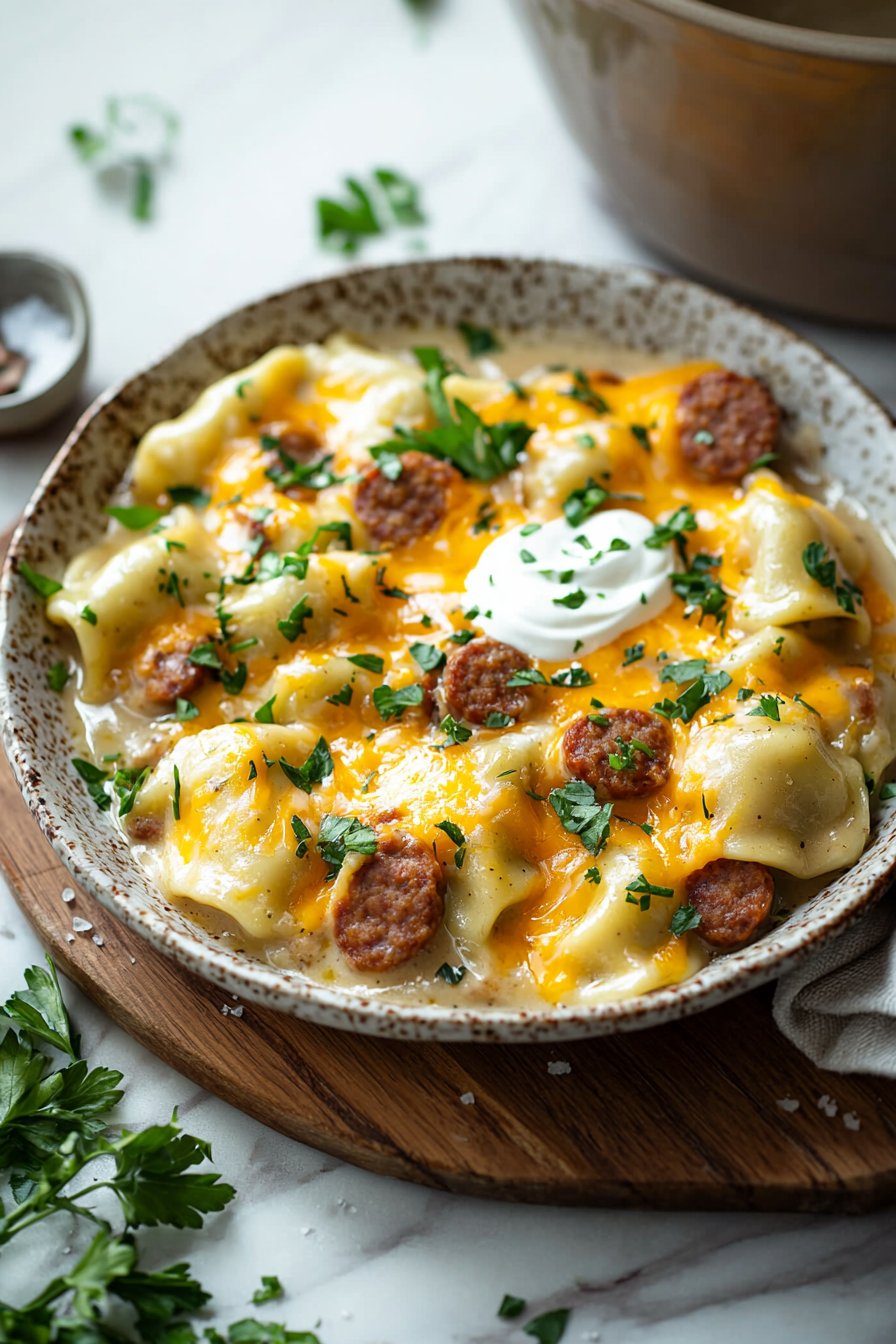Crockpot Pierogi Casserole with Beef Sausage