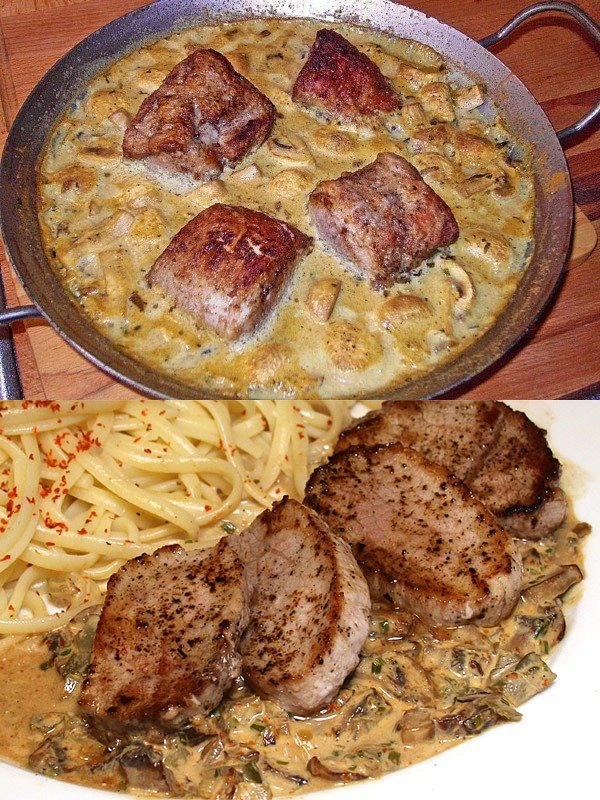 Schweinefilet mit Senf-Sauce und Champignons