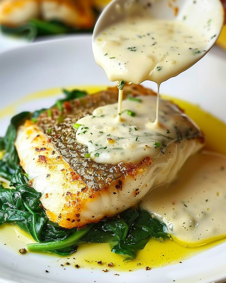 Chilean Sea Bass with Garlic Cream Spinach and Lemon Parmesan Cream Sauce