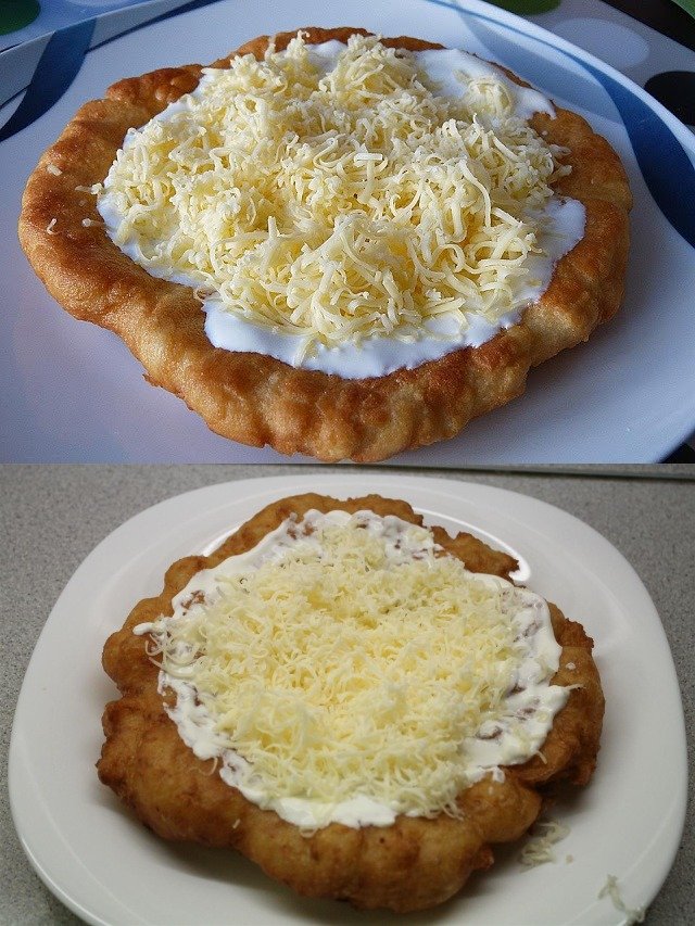 Langos mit Knoblauchöl und Creme Fraiche