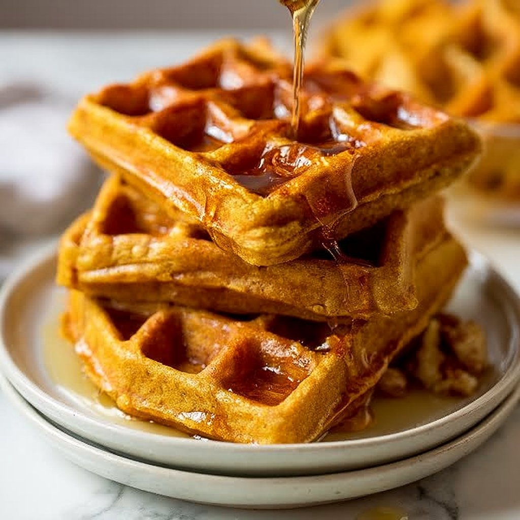 Fluffy Pumpkin Spice Belgian Waffles with Maple Drizzle