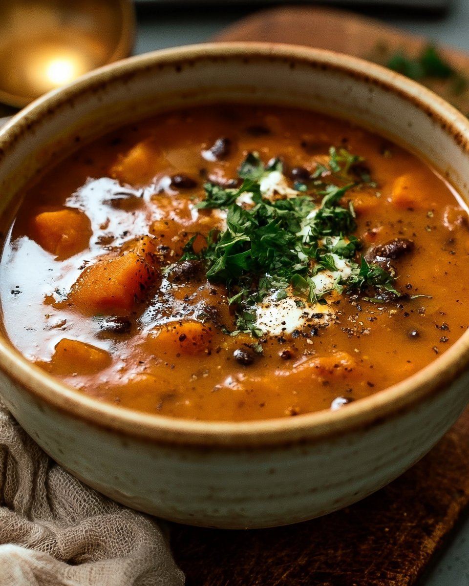 Roasted Sweet Potato and Black Bean Soup