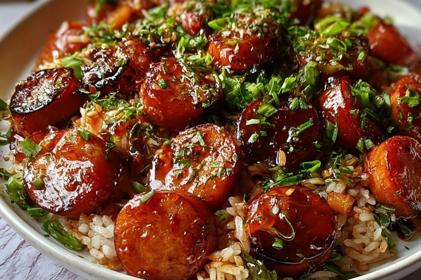 Sticky Honey Garlic Sausage Rice Recipe 2 Sticky Honey Garlic Smoked Sausage Rice