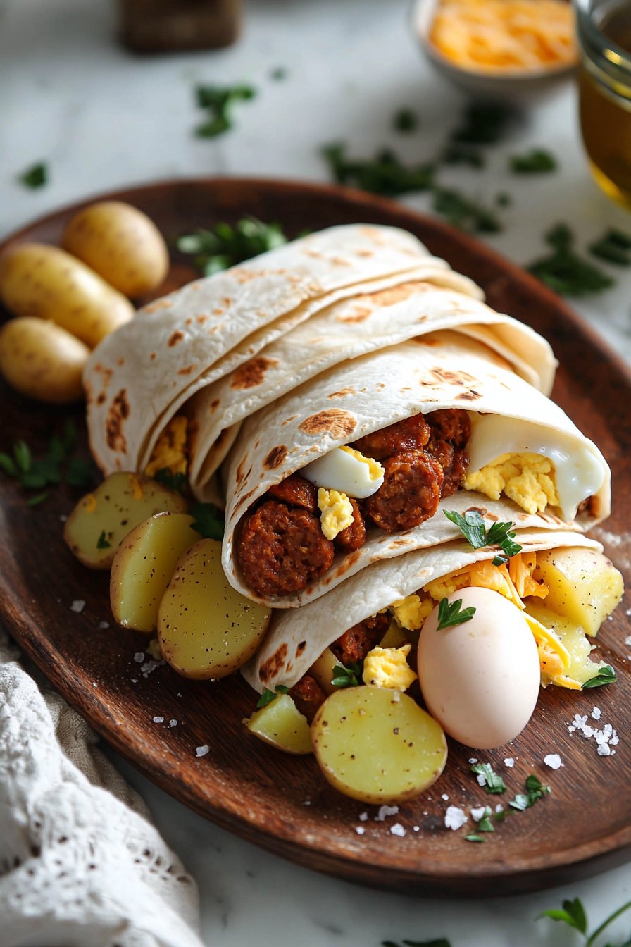 Chorizo Breakfast Burritos with Potatoes, Eggs, and Cheese