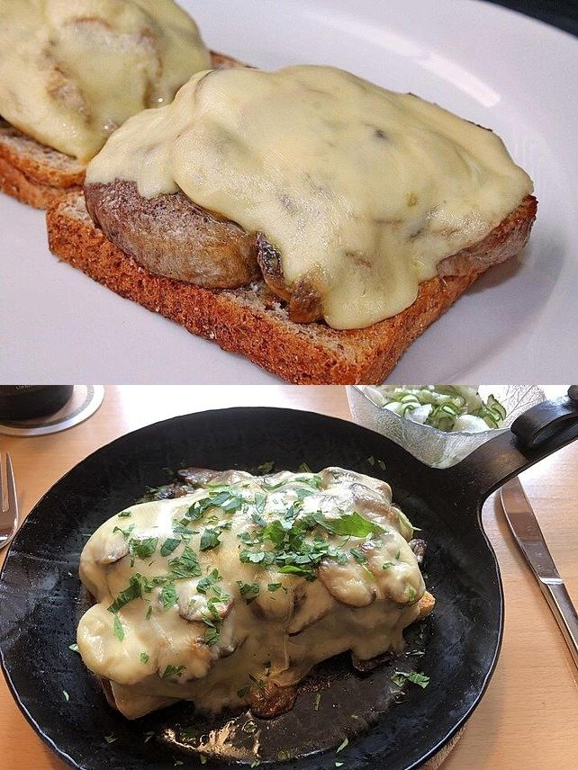 Schweinefilet mit Pilzen und Gouda auf Toast