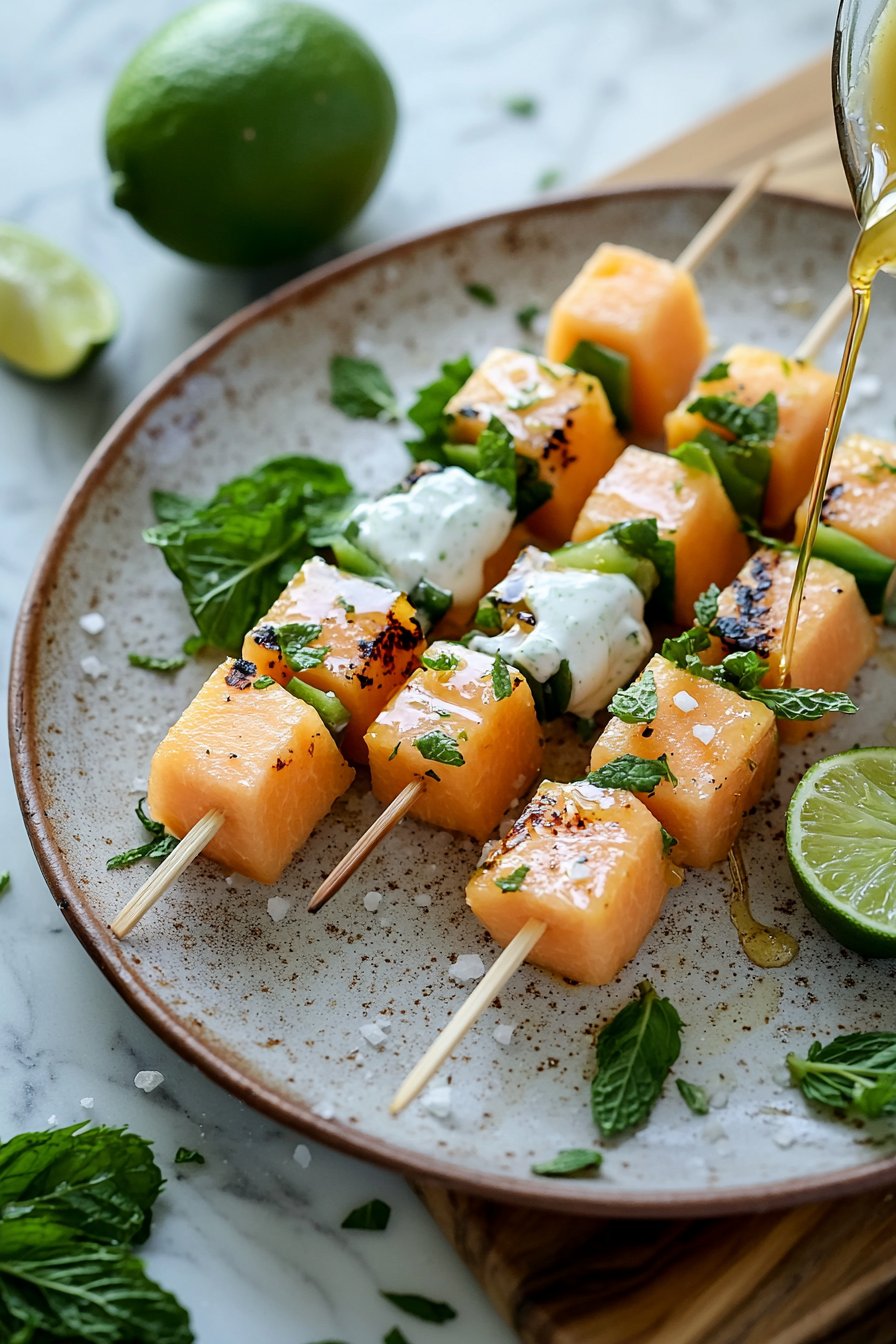 Cantaloupe Skewers with Mint Lime Yogurt Sauce