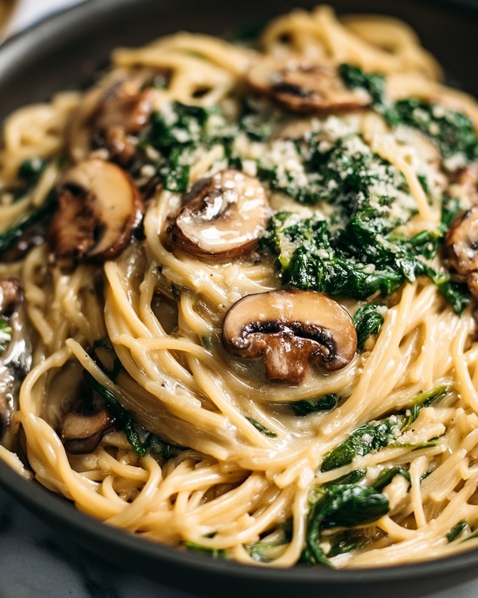 Makaron jednogarnkowy z czosnkiem, parmezanem, szpinakiem i grzybami