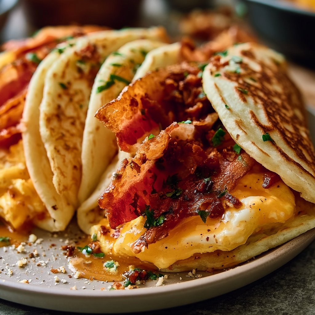 Savory Pancake Tacos with Crispy Bacon and Soft Scrambled Eggs