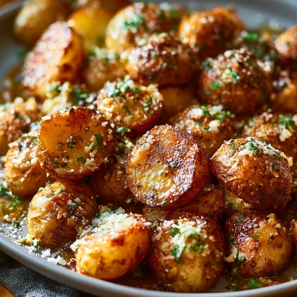 Crispy Garlic Herb Roasted Potatoes with Parmesan