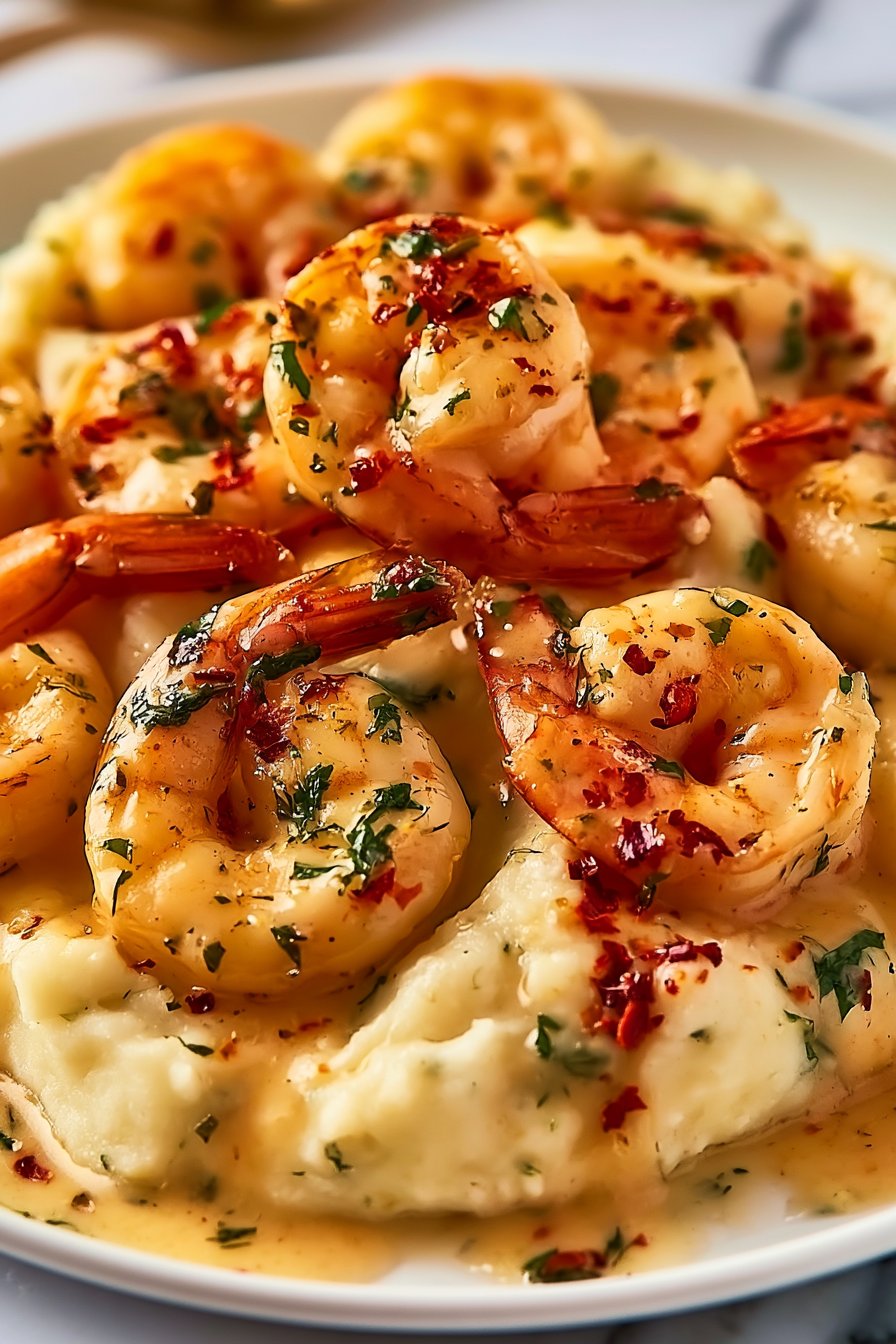 Creamy Garlic Shrimp Over Mashed Potatoes