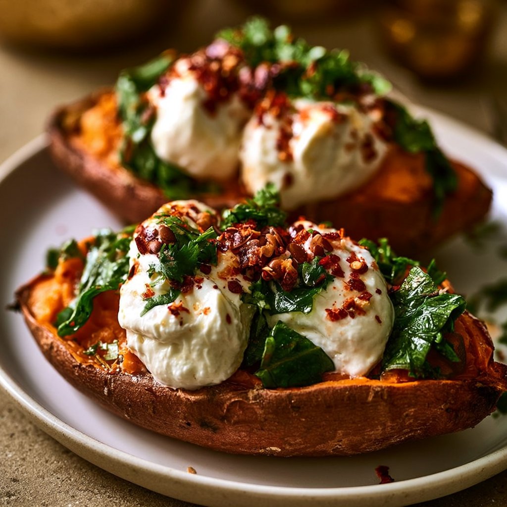 Gefüllte Süßkartoffeln mit Burrata