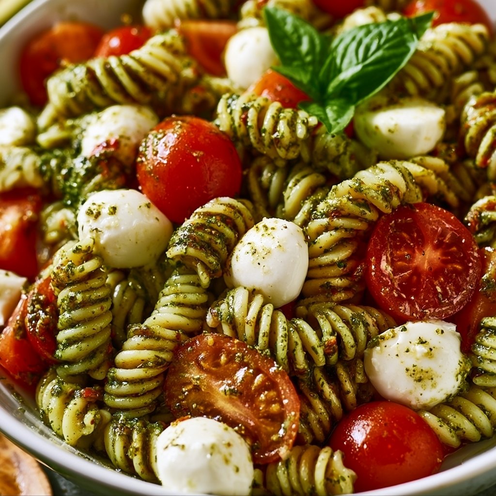 Pesto-Nudelsalat mit Tomaten und Mozzarella