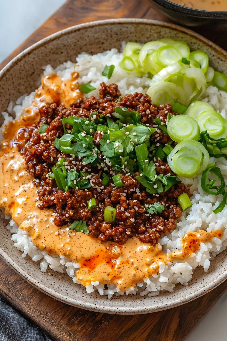 Crispy Ground Beef Rice Bowls with Creamy Gochujang Broth
