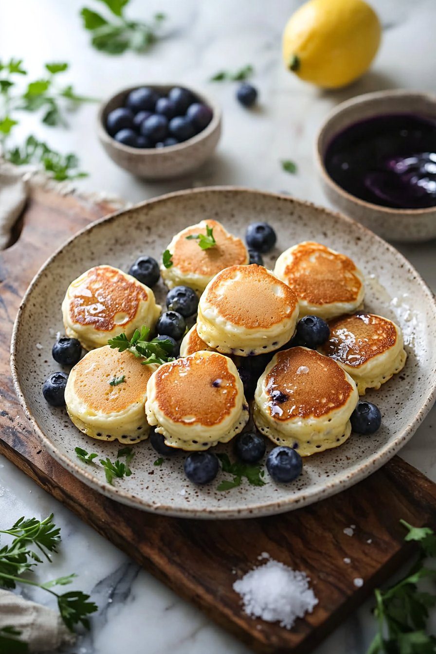 Flaumige griechische Joghurt-Zitronen-Blaubeer-Pfannkuchen-Bissen
