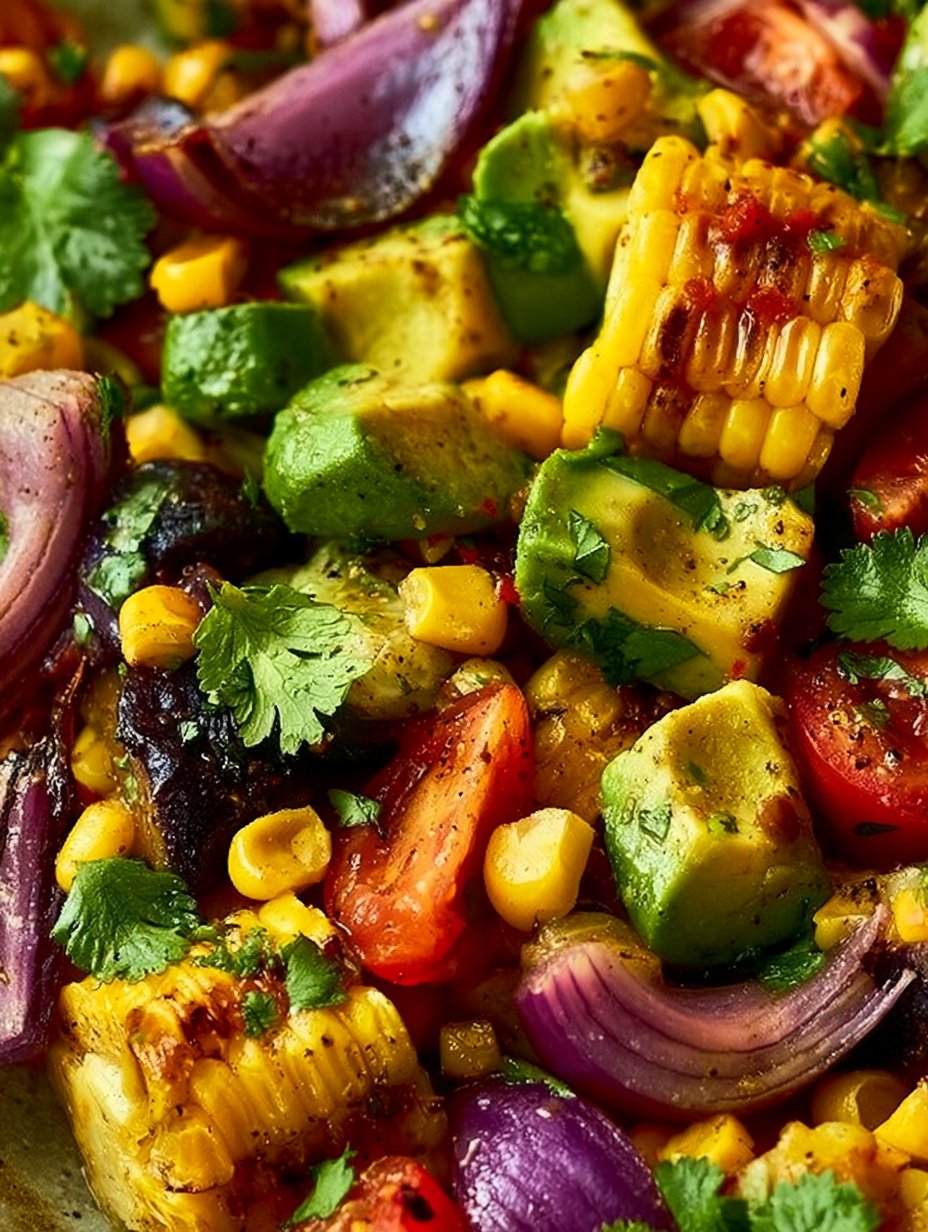 Ensalada de Maíz Asado con Aguacate y Cebollas Rojas Asadas