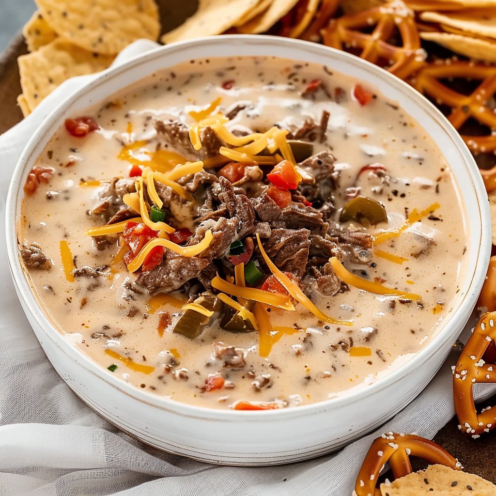 Skillet Philly Cheesesteak Queso Dip with Pretzels
