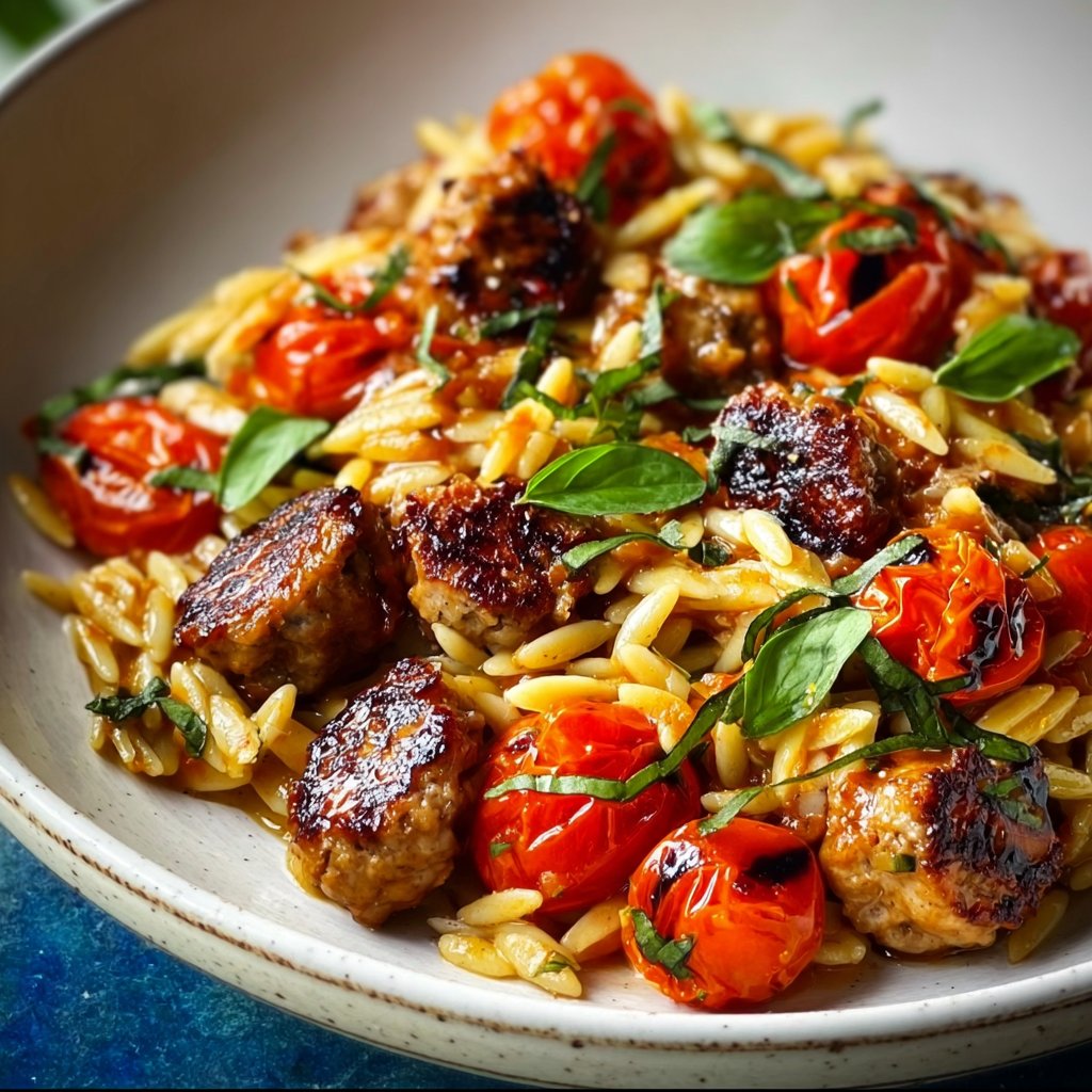 Chicken Sausage Orzo with Burst Tomatoes 3 Chicken Sausage Orzo with Burst Tomatoes