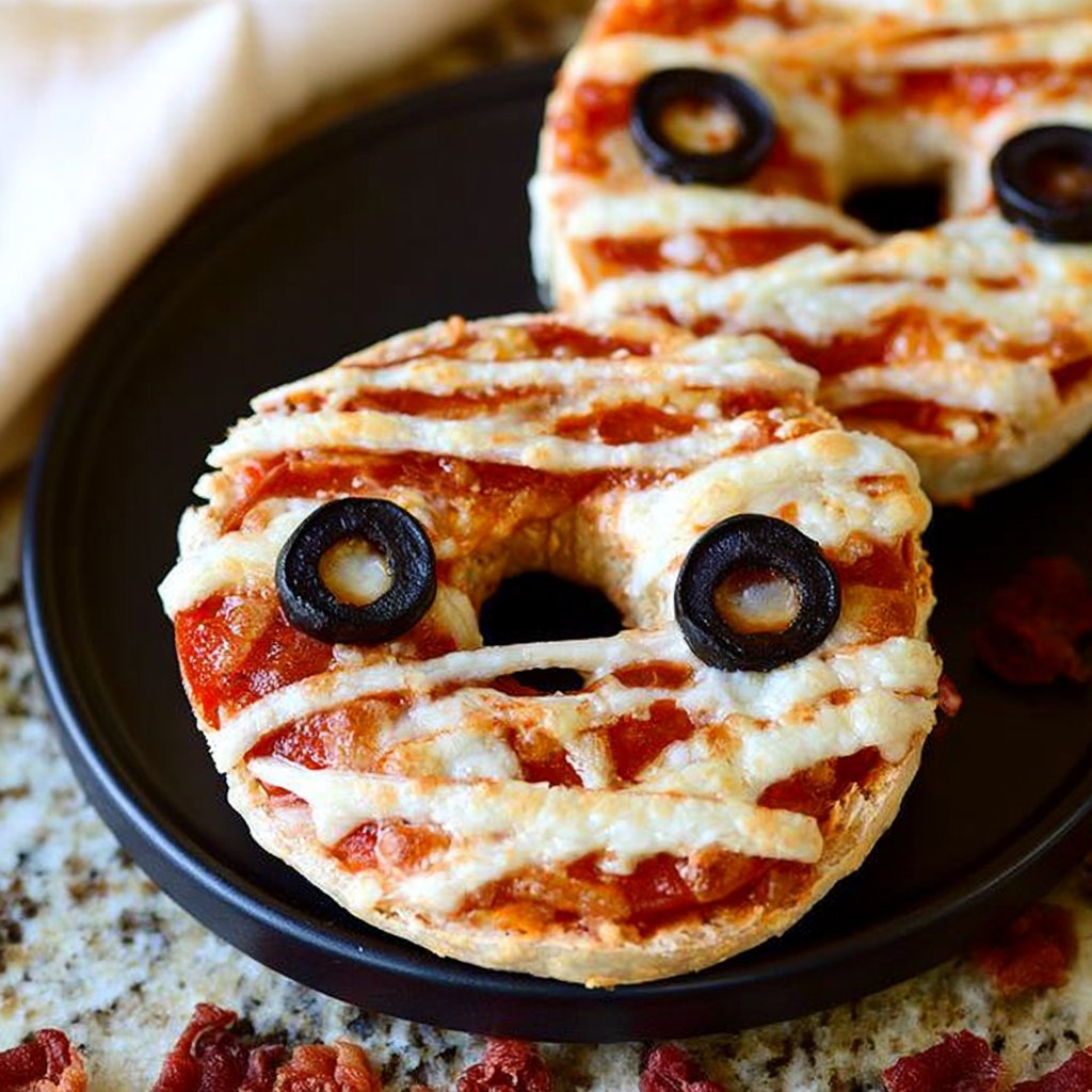 Pizza Bagel Monsters with Olive Eyes