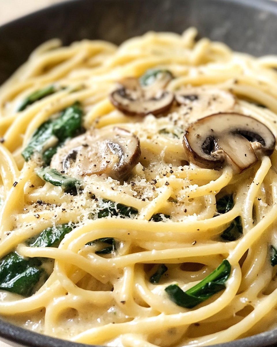Makaron jednogarnkowy z czosnkiem, parmezanem, szpinakiem i grzybami