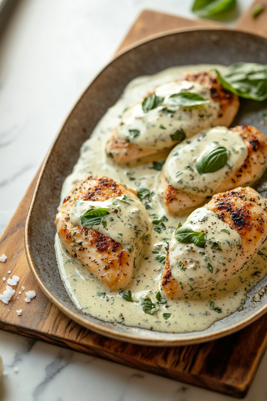 Mozzarella-Hühnchen mit Basilikumrahmsoße