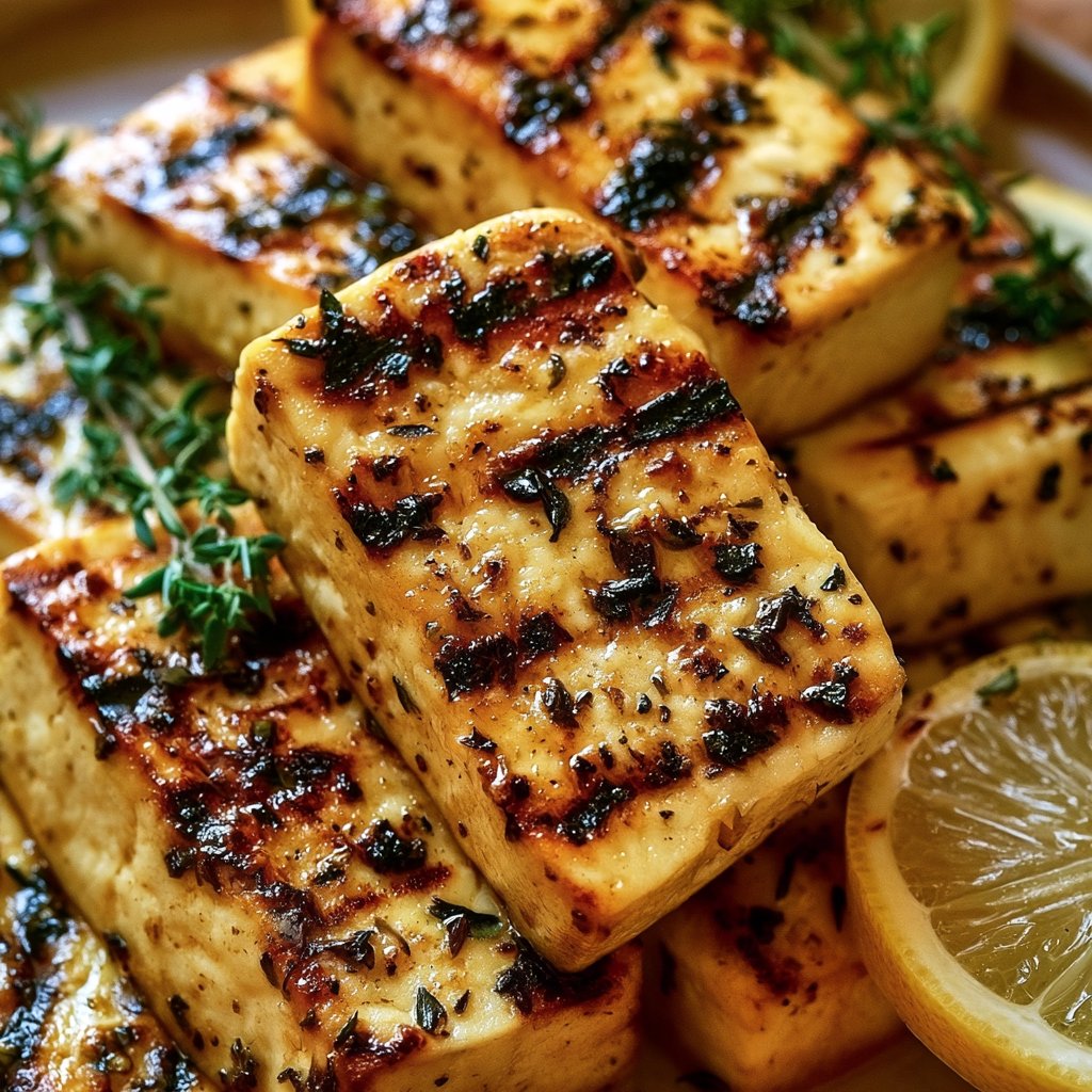 Griechischer gegrillter Tofu mit Zitrone und Thymian