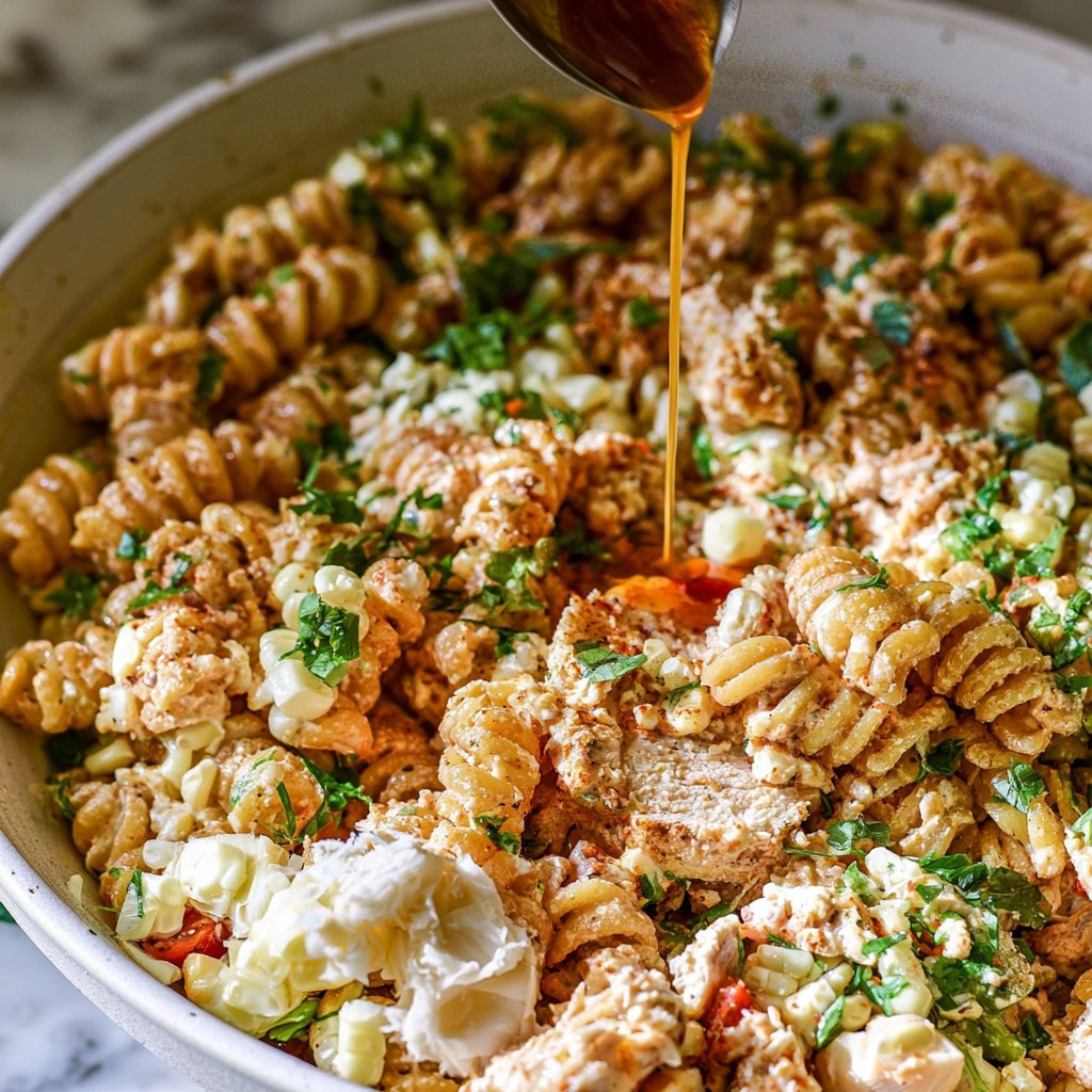 Quick Elote Inspired Pasta Salad with Chicken
