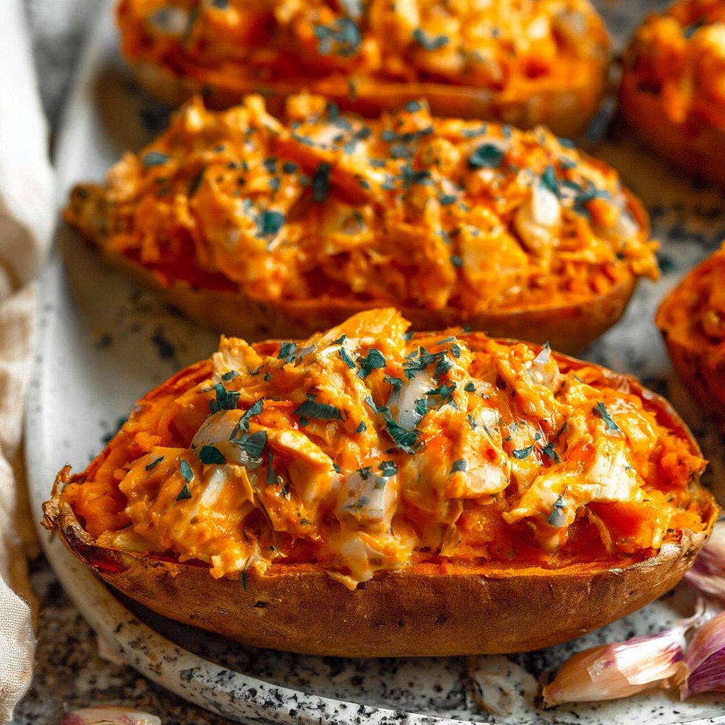 Buffalo Chicken Stuffed Sweet Potatoes