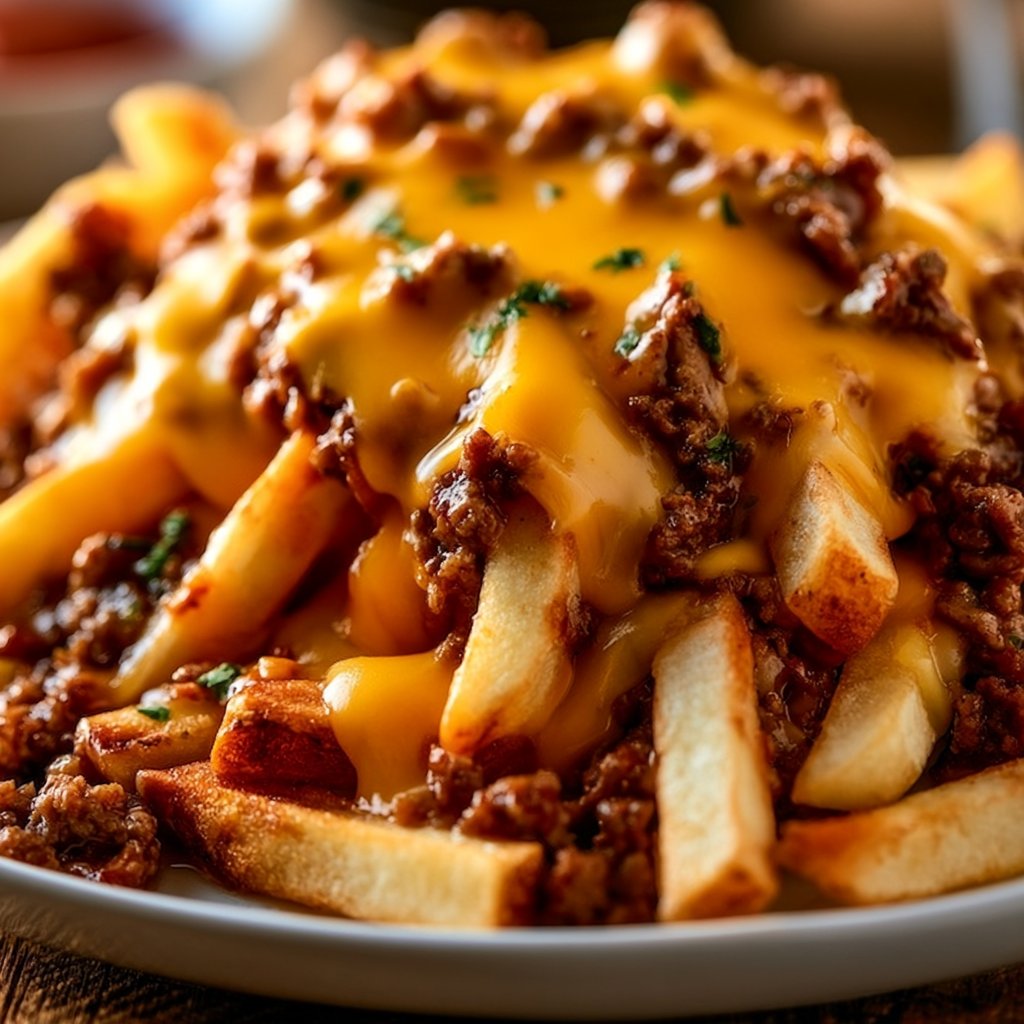 Pommes Frites mit Hackfleisch und Cheddar